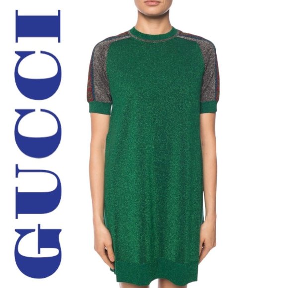 NWT GUCCI Metallic Green Short Sleeve Crew Neck Mini T-Shirt Dress, Size Small - Picture 5 of 13